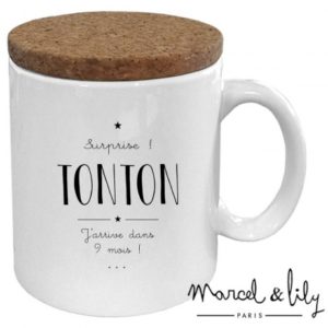 Mug avec couvercle en liège surprise tonton j'arrive dans 9 mois