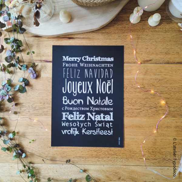 Affiche A4 Joyeux Noël en plusieurs langues - Fonds noir & écriture argentée