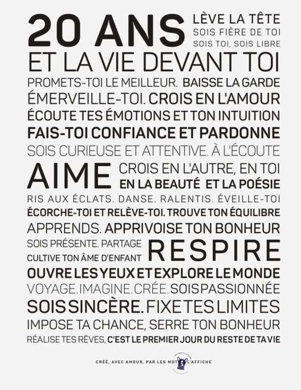 CArte postale ''20 ans'' avec enveloppe noire - les Mots à l'affiche