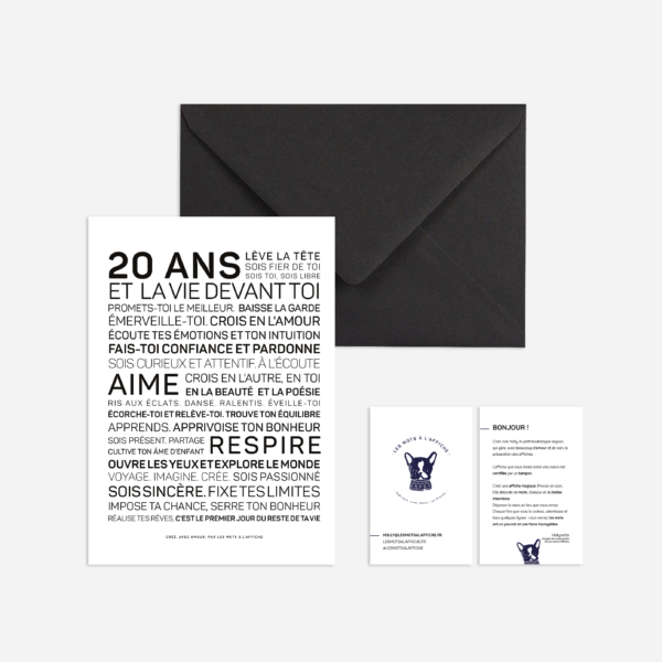 Carte postale 20 ans (texte masculin) avec enveloppe noire - Les mots à l'affiche