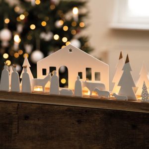 Crèche de Noël sur socle en bois, figurines en porcelaine mate