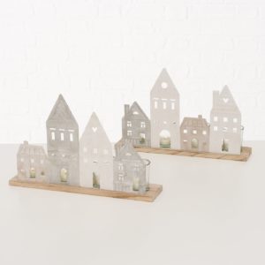 Photophore maisons sur socle en bois - maison en fer blanc mat blanc & gris cérusé mat