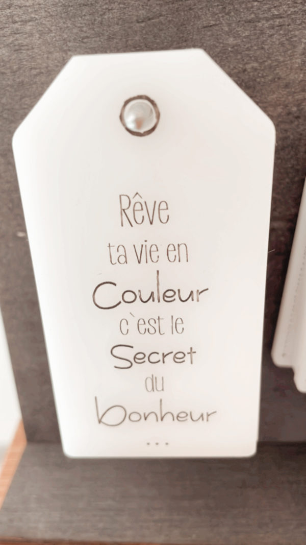 Plaquette - étiquette en plexi blanc " Rêve ta vie en couleur c'est le secret du bonheur "