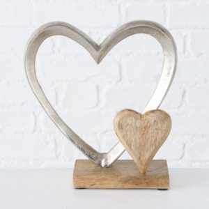Décoration : duo coeurs en bois & métal sur socle en bois