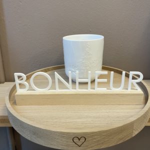 Mot ''Bonheur'' en plexi sur socle en bois