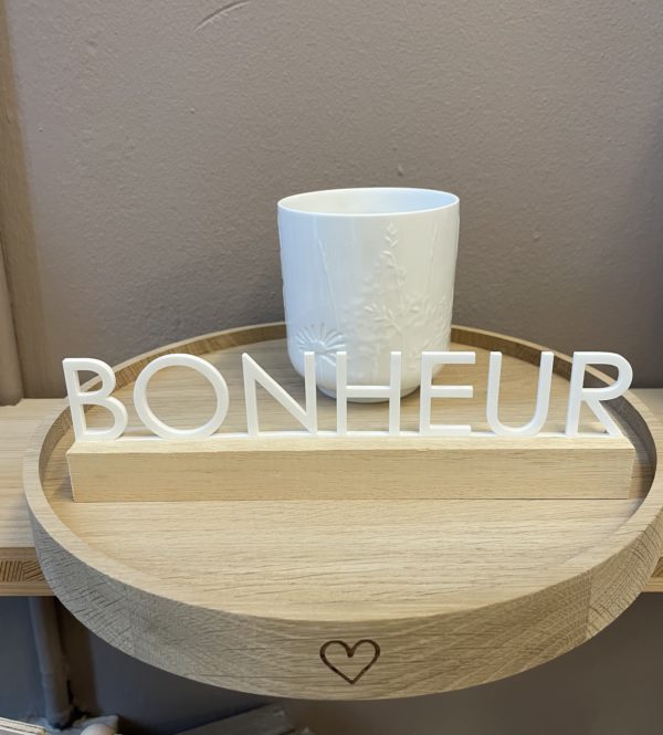 Mot ''Bonheur'' en plexi sur socle en bois