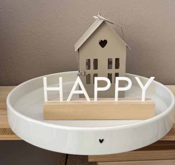 Mot ''Happy''en plexi sur socle en bois