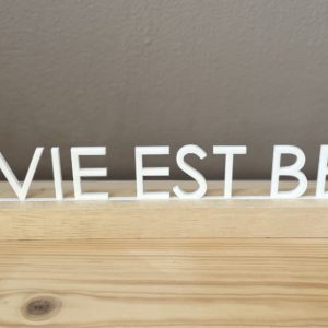 ''La vie est belle en plexi sur socle en bois