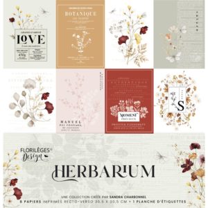 Kit de 8 papiers imprimés & 1 planche d'étiquettes à découper - collection Herbarium