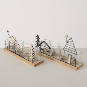 Bougeoir avec verres pour 4 bougies à réchaud ''Maisons & sapins'' en bois/métal