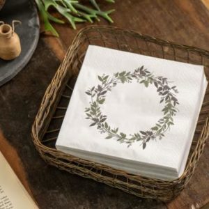 Serviettes blanches avec couronne de feuilles - paquet de 12 pièces