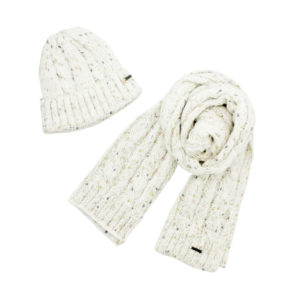 Ensemble bonnet et écharpe blanc avec confettis gris rose pâle et doré
