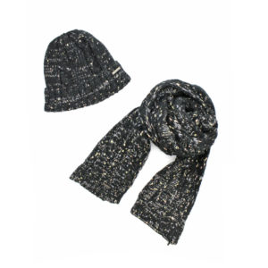 Ensemble bonnet et écharpe noir avec confettis rose pâle, doré & gris