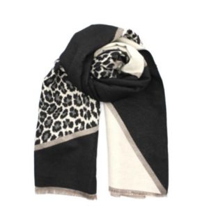Echarpe noire brun taupe et beige avec imprimé léopard