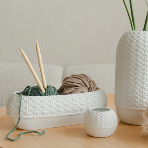 Photophore en porcelaine blanc, haut motif tricot – Image 2