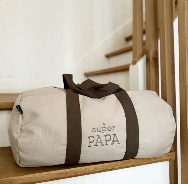 Sac Polochon bicolore brodé  "Super Papa" coloris mastic