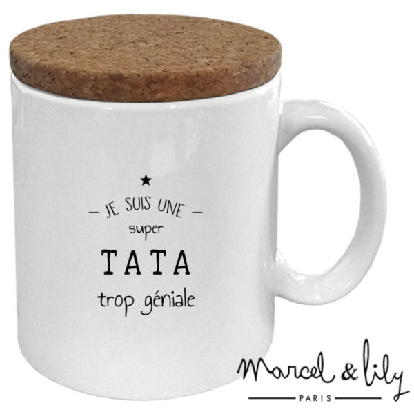 Tasse Je suis une tata trop géniale avec couvercle en liège