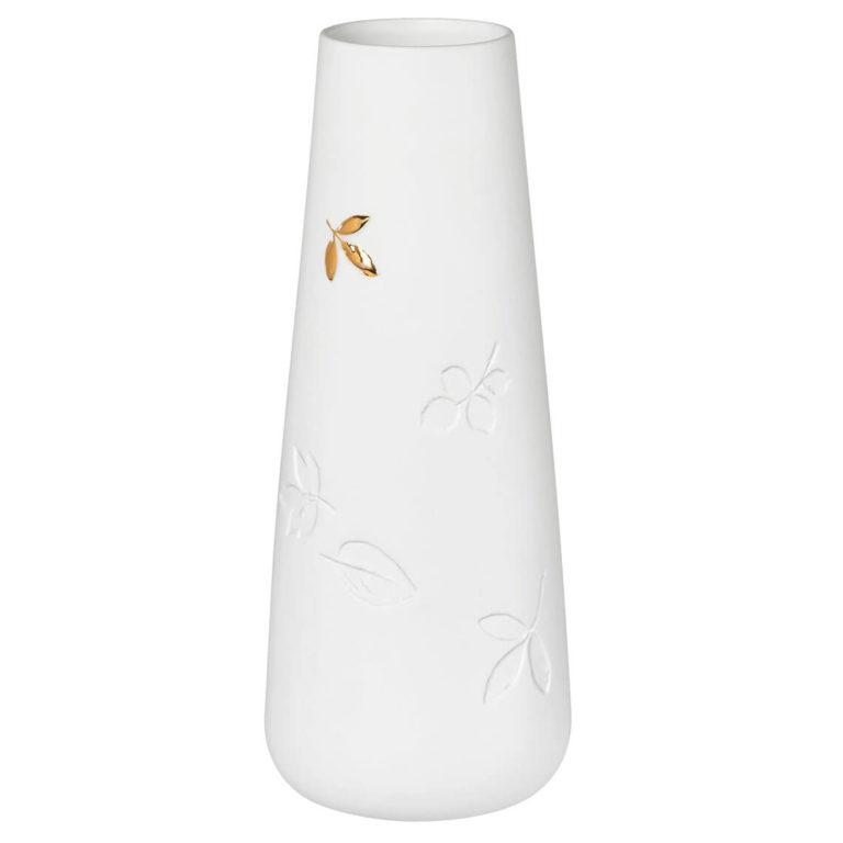 Vase en porcelaine blanc avec feuillage et 1 feuille dorée