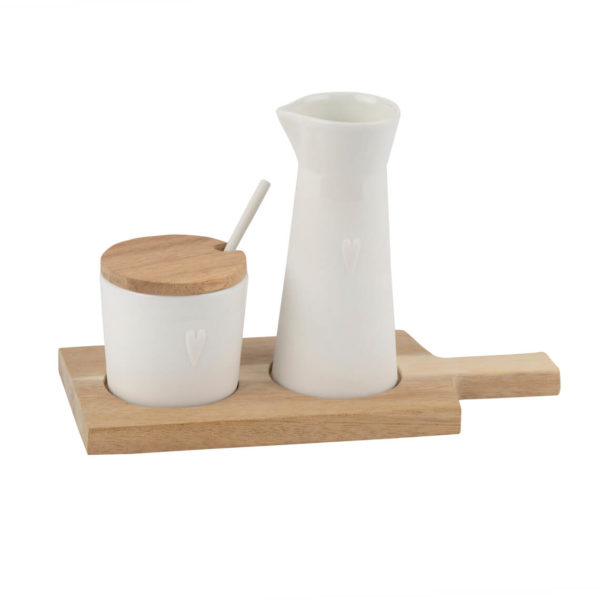 Crémier + sucrier en porcelaine blanc mat sur plateau en bois