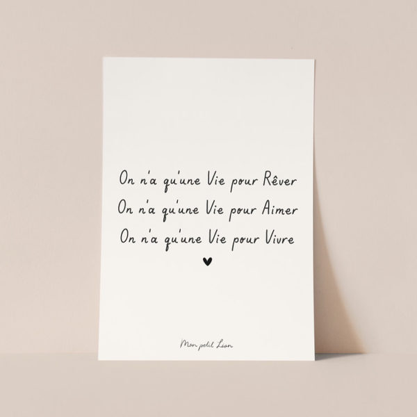 Carte A6 avec enveloppe On a qu'une vie pour Rêver on a qu'une vie pour Aimer on a qu'une vie pour Vivre