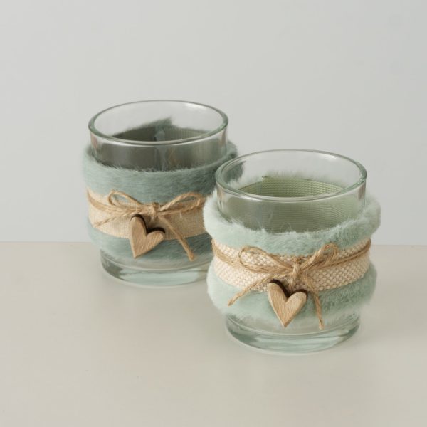 Photophore en verre avec fourrure verte + coeur en bois (4 variantes) – Image 5