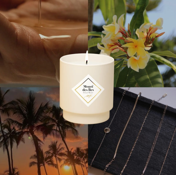 Bougie avec bracelet en acier inoxydable argenté ou doré Monoï des Iles