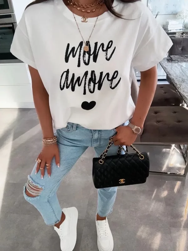T-shirt blanc imprimé MORE AMORE