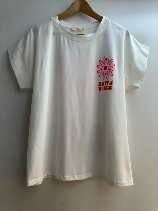 T-shirt imprimé HAPPY VIBES avec fleurs