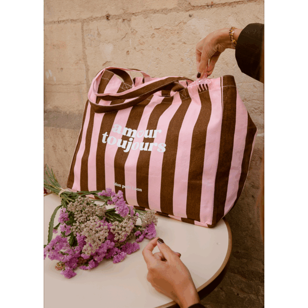 Sac cabas XXL rayures marrons/roses - Amour toujours – Image 2