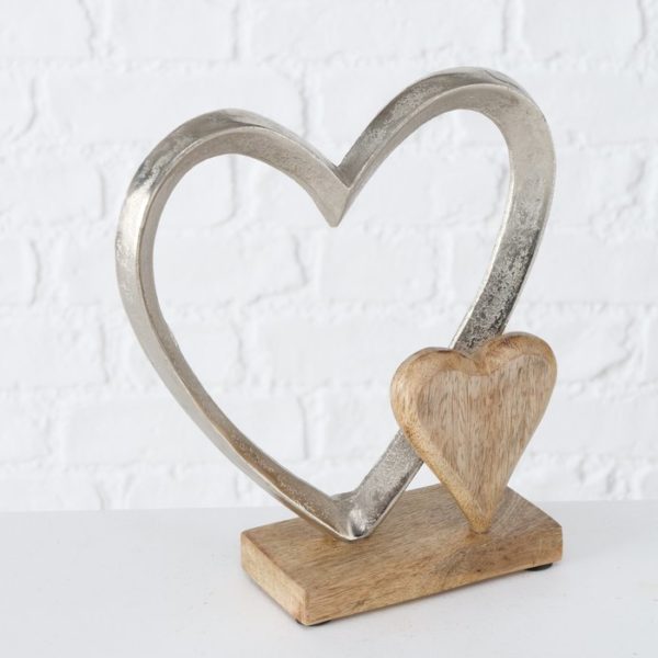 Duo coeurs bois-alu sur socle en bois