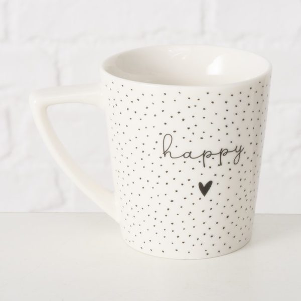Tasse blanche Happy avec points noirs