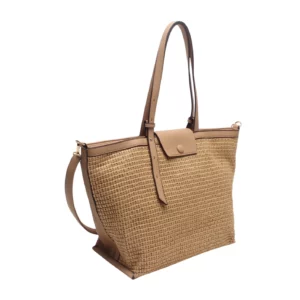 Grand sac cabas avec fermoir aimanté & zip effet paille Nadine Beige