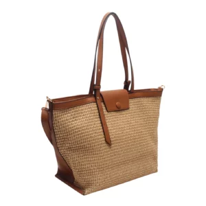 Grand sac cabas avec fermoir aimanté & zip effet paille Nadine taupe