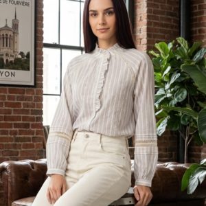 Chemise rayée beige & bleu avec dentelle