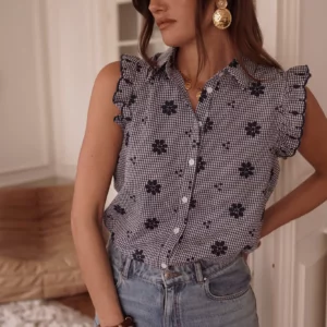 Chemise vichy noir & blanc avec fleurs brodées Kiora