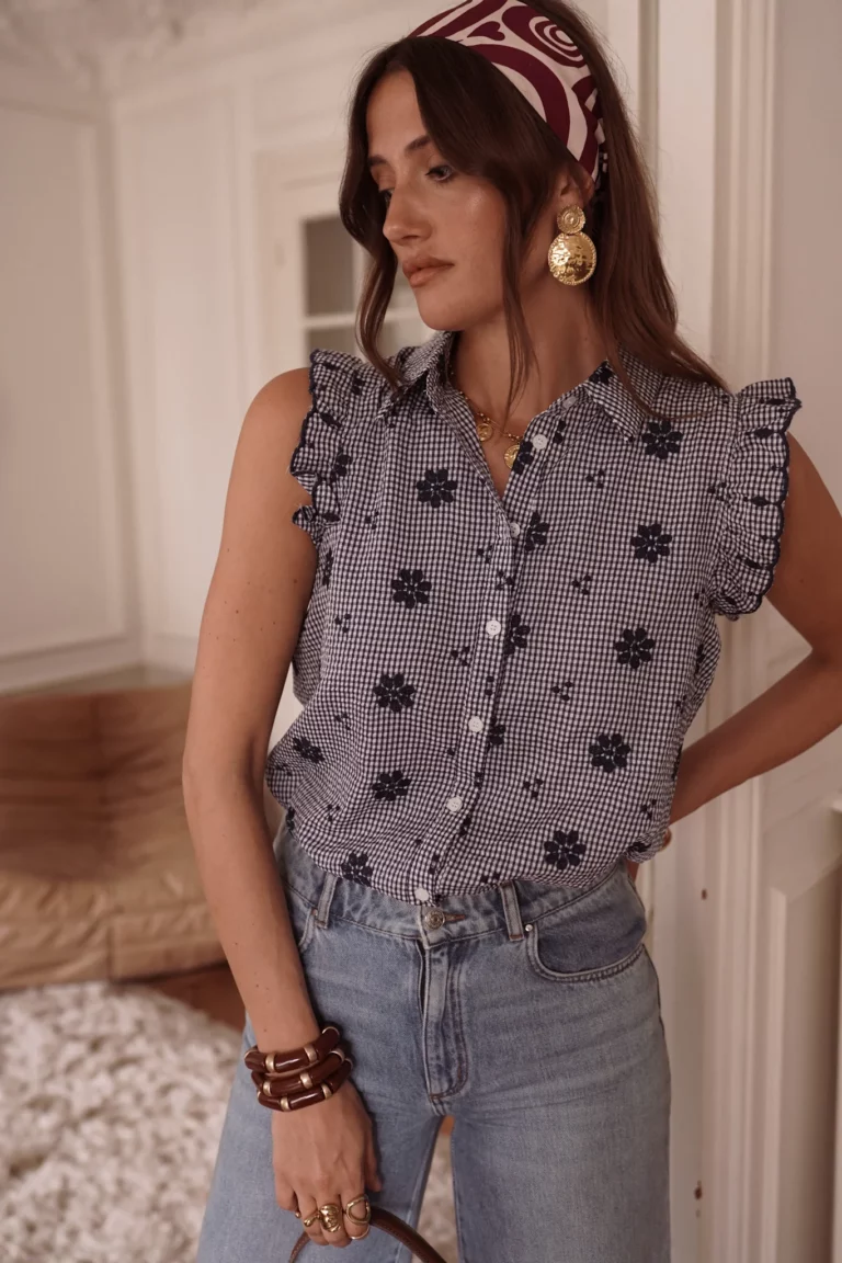Chemise vichy noir & blanc avec fleurs brodées Kiora
