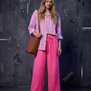 Pantalon large en gaze de coton rose fluo