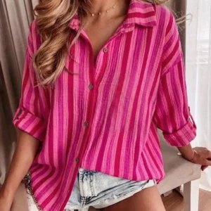 Chemise gaze de coton rayée rouge & rose