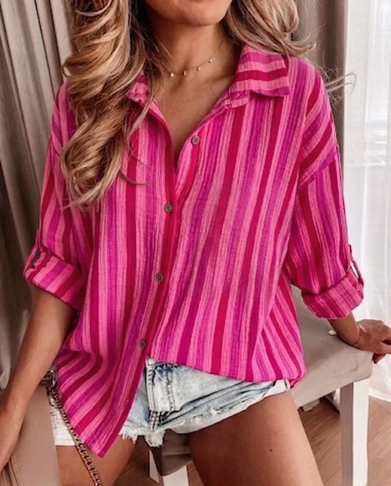 Chemise gaze de coton rayée rouge & rose