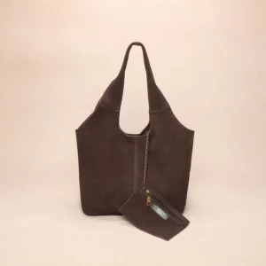 Sac boule Romy en croûte de cuir deux anses - Café