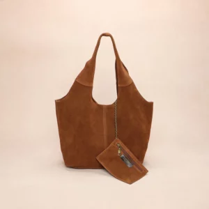Sac cabas boule en croûte de cuir deux anses - Camel